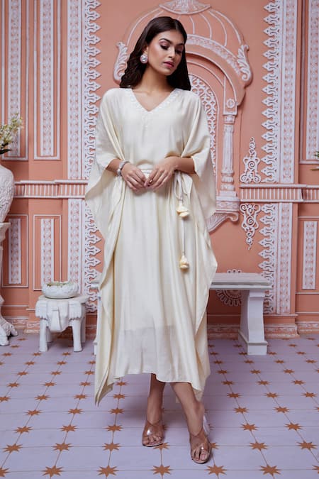 Ariyana By Aza_Beige Cotton, Silk Cut Work, Embroidery V-neck Sequins Embellished Kaftan _Online_at_Aza_Fashions