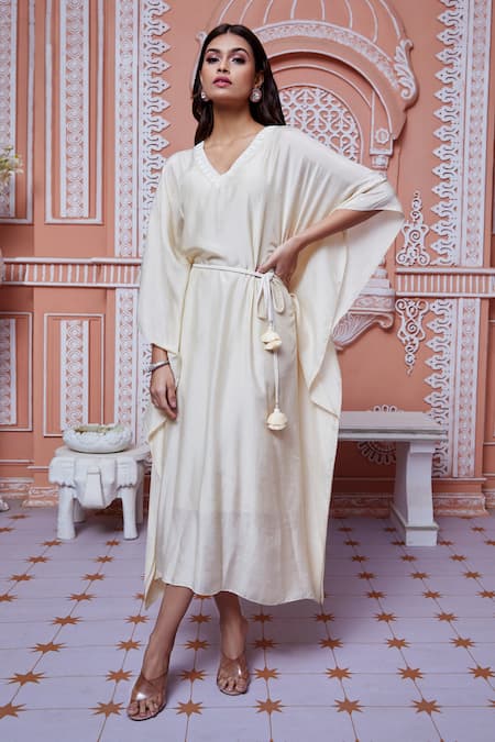 Buy_Ariyana By Aza_Beige Cotton, Silk Cut Work, Embroidery V-neck Sequins Embellished Kaftan _Online_at_Aza_Fashions