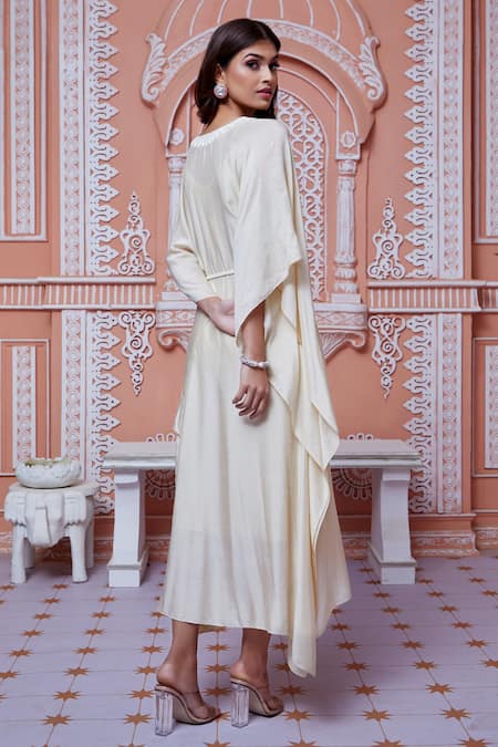 Shop_Ariyana By Aza_Beige Cotton, Silk Cut Work, Embroidery V-neck Sequins Embellished Kaftan _at_Aza_Fashions