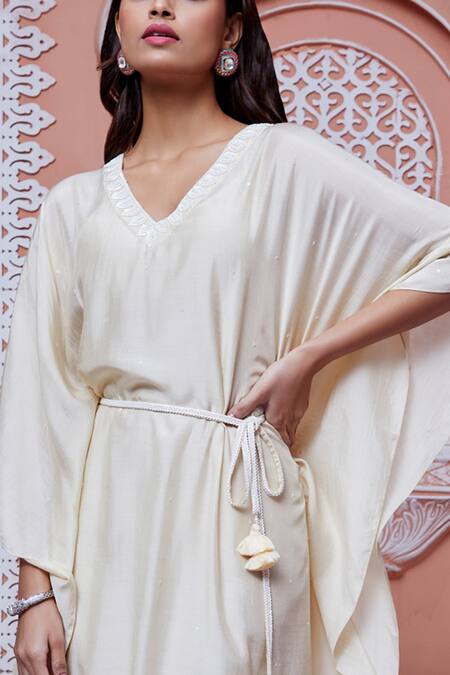 Ariyana By Aza_Beige Cotton, Silk Cut Work, Embroidery V-neck Sequins Embellished Kaftan _at_Aza_Fashions