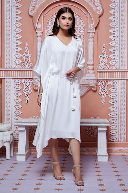 Aariyana Couture_White Crepe, Modal Beads, Cut Work V-neck Asymmetric Embroidered Kaftan_Online_at_Aza_Fashions
