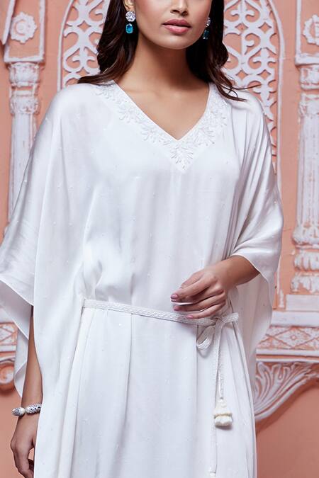 Aariyana Couture_White Crepe, Modal Beads, Cut Work V-neck Asymmetric Embroidered Kaftan_at_Aza_Fashions