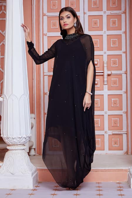 Buy_Ariyana by Aza_Black Viscose, Taffeta Cut Work High Neck Embroidered Collar Tunic _Online_at_Aza_Fashions