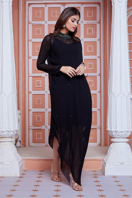 Ariyana by Aza_Black Viscose, Taffeta Cut Work High Neck Embroidered Collar Tunic _Online_at_Aza_Fashions