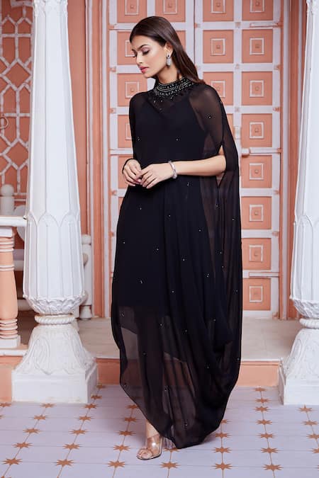 Shop_Ariyana by Aza_Black Viscose, Taffeta Cut Work High Neck Embroidered Collar Tunic _Online_at_Aza_Fashions