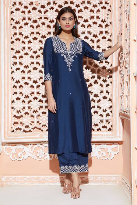 Shop_Aariyana Couture_Blue Cotton, Silk, Organza, Bamboo Embroidery, Gota Patti Mandarin Kurta Set_Online_at_Aza_Fashions