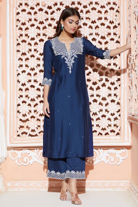 Aariyana Couture_Blue Cotton, Silk, Organza, Bamboo Embroidery, Gota Patti Mandarin Kurta Set_Online_at_Aza_Fashions