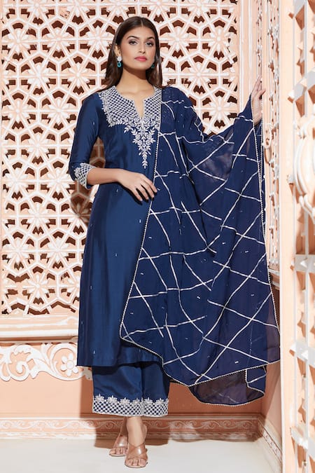 Buy_Aariyana Couture_Blue Cotton, Silk, Organza, Bamboo Embroidery, Gota Patti Mandarin Kurta Set_Online_at_Aza_Fashions