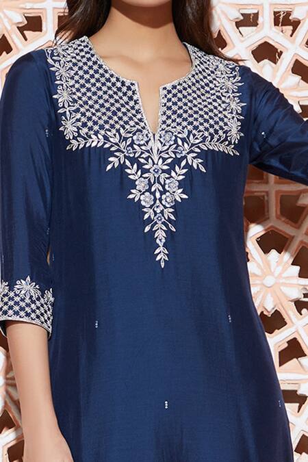 Aariyana Couture_Blue Cotton, Silk, Organza, Bamboo Embroidery, Gota Patti Mandarin Kurta Set_at_Aza_Fashions