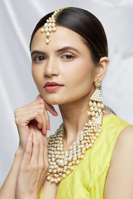 Samyukta Singhania_Gold Plated Pearl Multi Strand Necklace Set _Online_at_Aza_Fashions