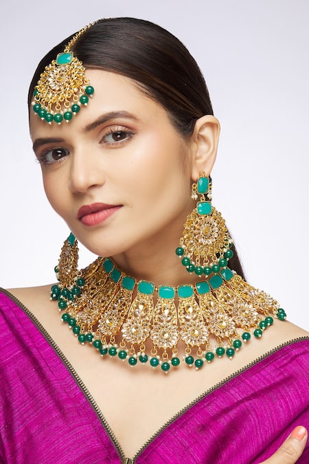 Nayaab By Aleezeh Kundan Stone Bead Drop Necklace Set 