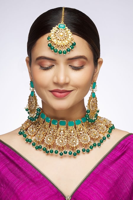 Nayaab By Aleezeh Kundan Stone Bead Drop Necklace Set 