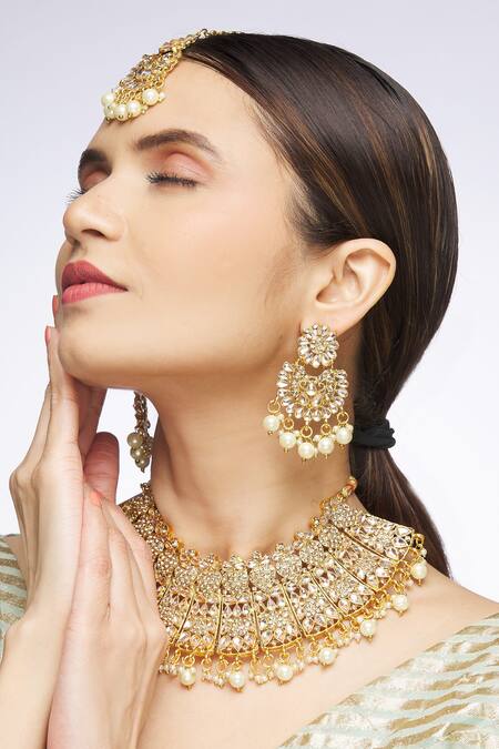 Nazaakat By Samara Singh Gold Plated Beads, Diamonds, Stones Drop Necklace Set Online at Aza Fashions Nazaakat By Samara Singh_Gold Plated Beads, Diamonds, Stones Drop Necklace Set_Online_at_Aza_Fashions
