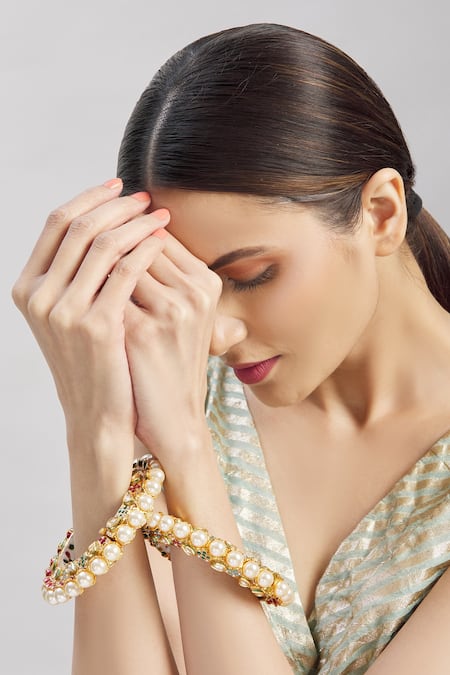 Shop_Moh-Maya By Disha Khatri_Gold Plated Pearls, Stones Encrusted Kadas - Set Of 2 _at_Aza_Fashions