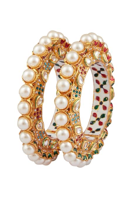 Moh-Maya by Disha Khatri Gold Plated Stones Pearl Encrusted Kadas - Set Of 2