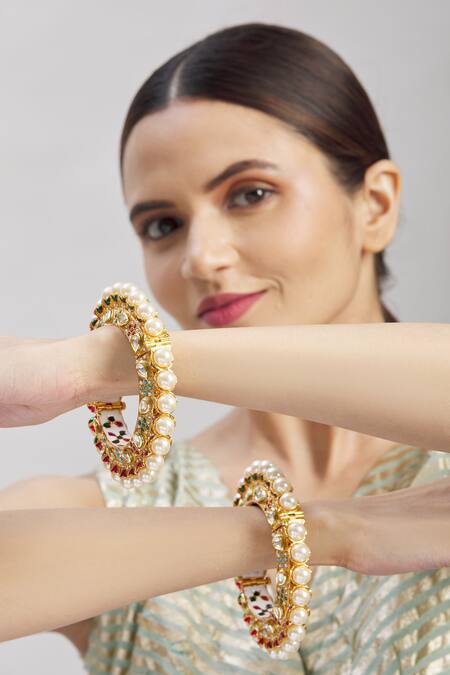 Moh-Maya By Disha Khatri_Gold Plated Pearls, Stones Encrusted Kadas - Set Of 2 _Online_at_Aza_Fashions