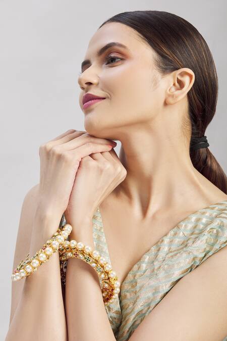 Buy_Moh-Maya By Disha Khatri_Gold Plated Pearls, Stones Encrusted Kadas - Set Of 2 _Online_at_Aza_Fashions