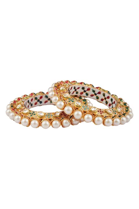 Shop_Moh-Maya By Disha Khatri_Gold Plated Pearls, Stones Encrusted Kadas - Set Of 2 _Online_at_Aza_Fashions