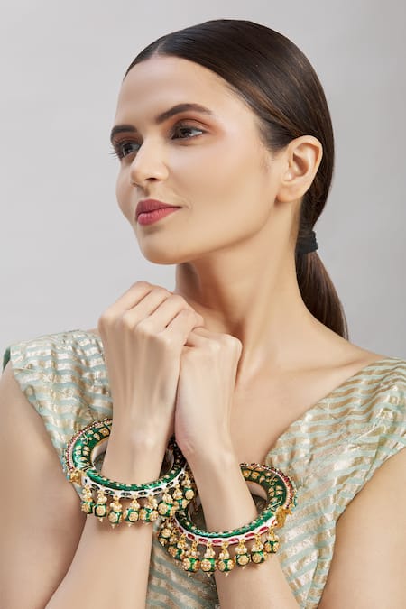 Shop_Moh-Maya By Disha Khatri_Gold Plated Stones Meenakari Studded Kadas - Set Of 2 _at_Aza_Fashions