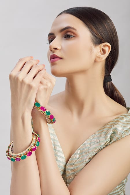 Moh-Maya By Disha Khatri_Gold Plated Pearls, Stones Studded Kadas - Set Of 2 _Online_at_Aza_Fashions