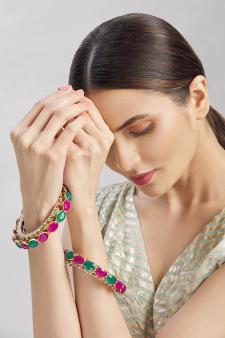 Buy_Moh-Maya By Disha Khatri_Gold Plated Pearls, Stones Studded Kadas - Set Of 2 _Online_at_Aza_Fashions