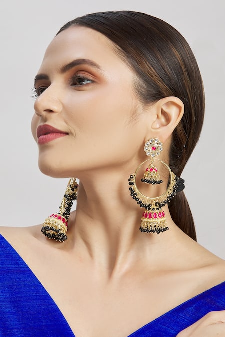 Moh-Maya By Disha Khatri_Black Beads, Stones, Zari, Gota Patti Gold Kundan Studded Floral Jhumkas _Online_at_Aza_Fashions