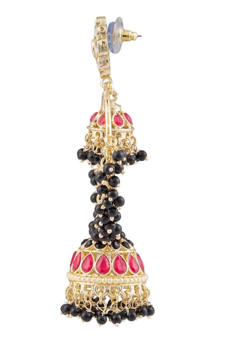 Moh-Maya By Disha Khatri_Black Beads, Stones, Zari, Gota Patti Gold Kundan Studded Floral Jhumkas _at_Aza_Fashions