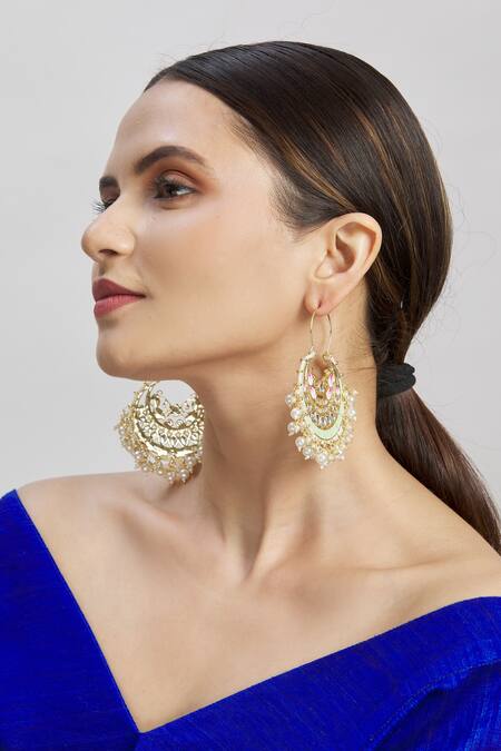 Buy_Moh-Maya By Disha Khatri_Gold Plated Meenakari Chandbalis With Bead Drops _Online_at_Aza_Fashions
