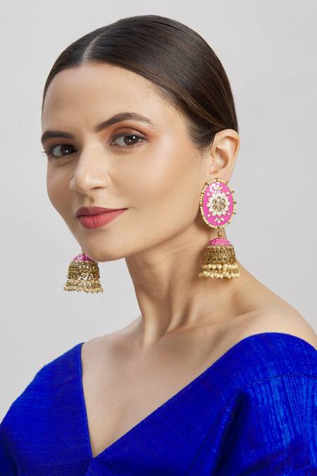 Moh-Maya By Disha Khatri Gold Plated Oval Top Meenakari Jhumkas Online at Aza Fashions Moh-Maya By Disha Khatri_Gold Plated Oval Top Meenakari Jhumkas _Online_at_Aza_Fashions