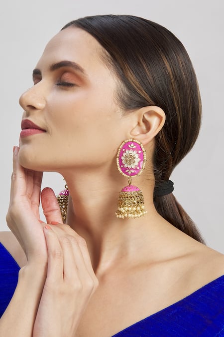 Buy Moh-Maya By Disha Khatri Gold Plated Oval Top Meenakari Jhumkas Online at Aza Fashions Buy_Moh-Maya By Disha Khatri_Gold Plated Oval Top Meenakari Jhumkas _Online_at_Aza_Fashions