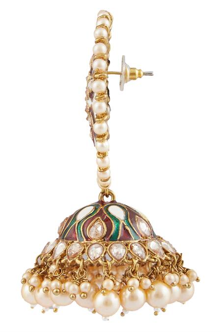 Moh-Maya By Disha Khatri_Gold Plated Diamonds, Metallic Thread Round Top Meenakari Jhumkas _at_Aza_Fashions