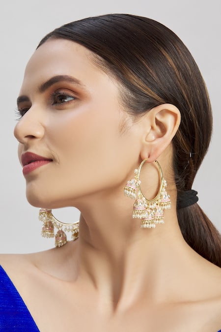 Shop_Moh-Maya By Disha Khatri_Gold Plated Pearls, Diamonds Pink Dolki Glass Kundan Jhumkas _at_Aza_Fashions