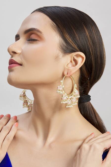 Moh-Maya By Disha Khatri_Gold Plated Pearls, Diamonds Pink Dolki Glass Kundan Jhumkas _Online_at_Aza_Fashions