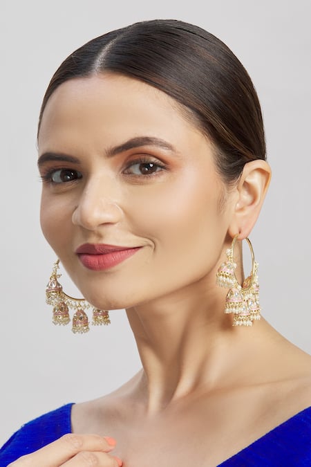 Buy_Moh-Maya By Disha Khatri_Gold Plated Pearls, Diamonds Pink Dolki Glass Kundan Jhumkas _Online_at_Aza_Fashions