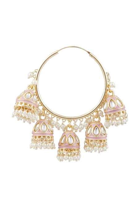 Shop_Moh-Maya By Disha Khatri_Gold Plated Pearls, Diamonds Pink Dolki Glass Kundan Jhumkas _Online_at_Aza_Fashions
