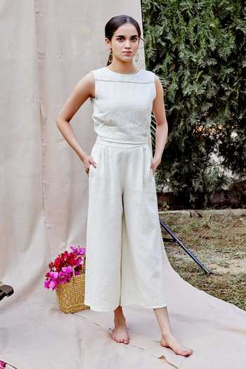 The Indian Cause_White Cotton Neps Textured Crop Top And Palazzo Set_Online_at_Aza_Fashions