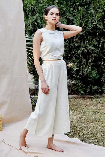 Buy_The Indian Cause_White Cotton Neps Textured Crop Top And Palazzo Set_Online_at_Aza_Fashions