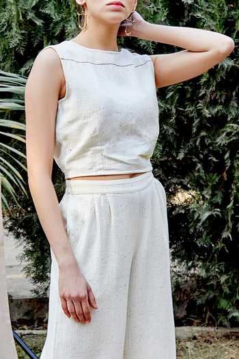 Shop_The Indian Cause_White Cotton Neps Textured Crop Top And Palazzo Set_Online_at_Aza_Fashions
