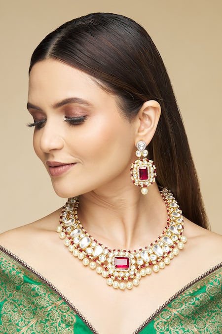 Shop_Our Purple Studio_Gold Plated Beads Kundan Necklace Set _at_Aza_Fashions