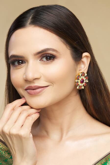 Our Purple Studio Gold Plated Kundan Meenakari Floral Studs Online at Aza Fashions Our Purple Studio_Gold Plated Kundan Meenakari Floral Studs _Online_at_Aza_Fashions