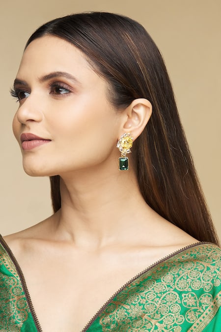 Shop Our Purple Studio Gold Plated Swarovski Floral Carved Drop Earrings at Aza Fashions Shop_Our Purple Studio_Gold Plated Swarovski Floral Carved Drop Earrings _at_Aza_Fashions