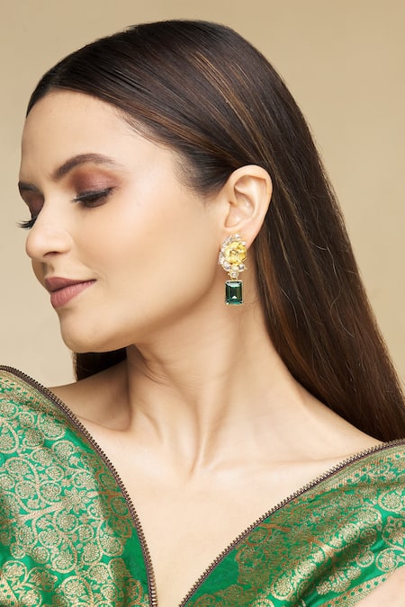 Our Purple Studio Gold Plated Swarovski Floral Carved Drop Earrings Online at Aza Fashions Our Purple Studio_Gold Plated Swarovski Floral Carved Drop Earrings _Online_at_Aza_Fashions