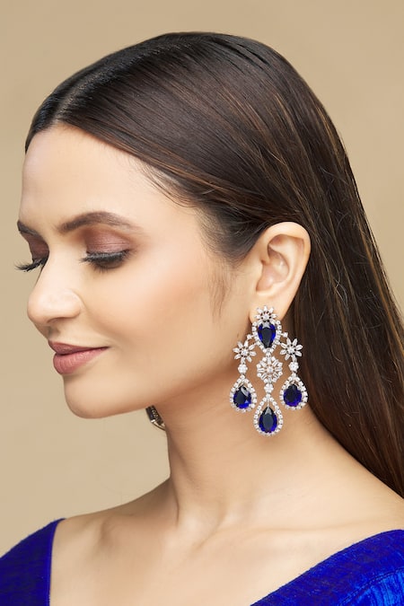 Shop Our Purple Studio Silver Plated Faux Diamonds Stone Embellished Danglers at Aza Fashions Shop_Our Purple Studio_Silver Plated Faux Diamonds Stone Embellished Danglers _at_Aza_Fashions