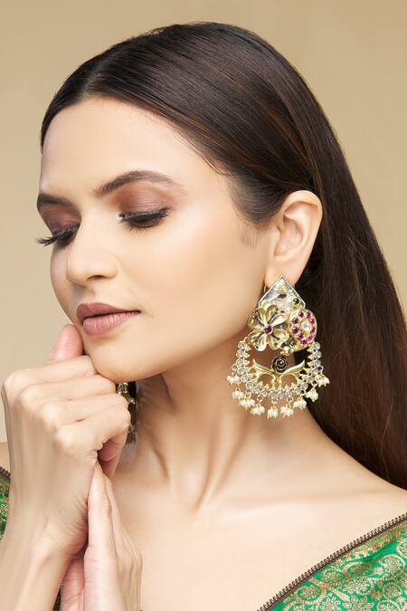 Our Purple Studio_Gold Plated Kemp Stones Embellished Chandbalis _Online_at_Aza_Fashions