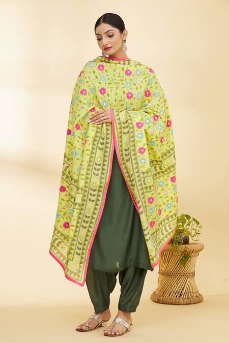 Samyukta Singhania_Yellow Cotton Phulkari Dupatta_Online_at_Aza_Fashions