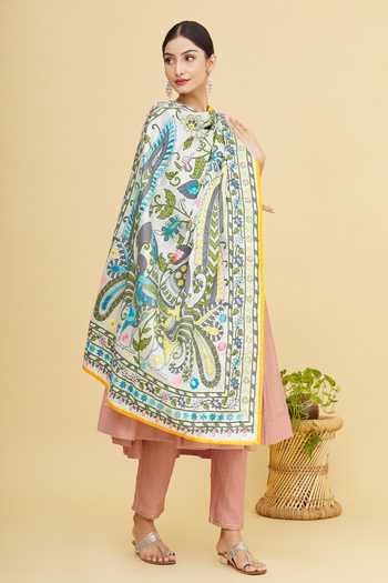 Samyukta Singhania Blue Cotton Peacock Motif Phulkari Dupatta Online at Aza Fashions Samyukta Singhania_Blue Cotton Peacock Motif Phulkari Dupatta_Online_at_Aza_Fashions