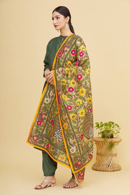 Samyukta Singhania_Beige Cotton Embroidered Phulkari Dupatta_Online_at_Aza_Fashions