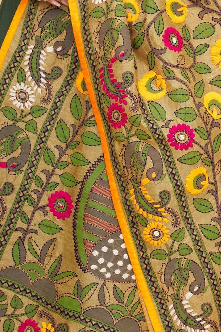 Shop_Samyukta Singhania_Beige Cotton Embroidered Phulkari Dupatta_Online_at_Aza_Fashions