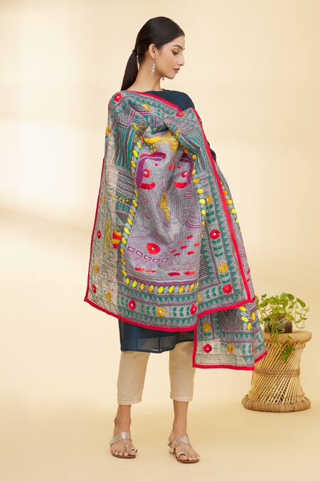 Samyukta Singhania_Blue Cotton Phulkari Dupatta_Online_at_Aza_Fashions
