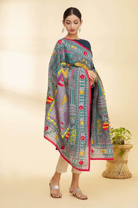 Buy_Samyukta Singhania_Blue Cotton Phulkari Dupatta_Online_at_Aza_Fashions